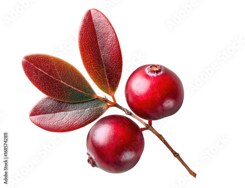 Close-up of three vibrant red cranberries with crimson leaves attached to a twig