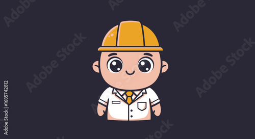 Charming cartoon illustration of a male character in a yellow hard hat and white lab coat, symbolizing a friendly engineer, scientist, or professional