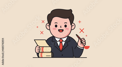 Happy Businessman with Documents and Books - Illustration