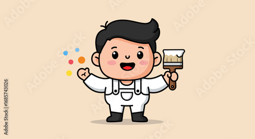 Charming painter mascot illustration in a flat cartoon style. Professional worker character holding a brush with colorful paint fx