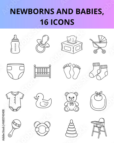 Set of 16 icons for newborns and babies concept in black outline, featuring feeding bottle, diaper, pacifier, rubber duck, socks, bib, high chair, teething ring and others. Parenthood and supplies