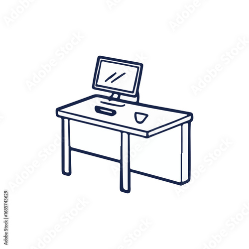 Wooden table and chair in a school room for students to work, with a computer on the desk