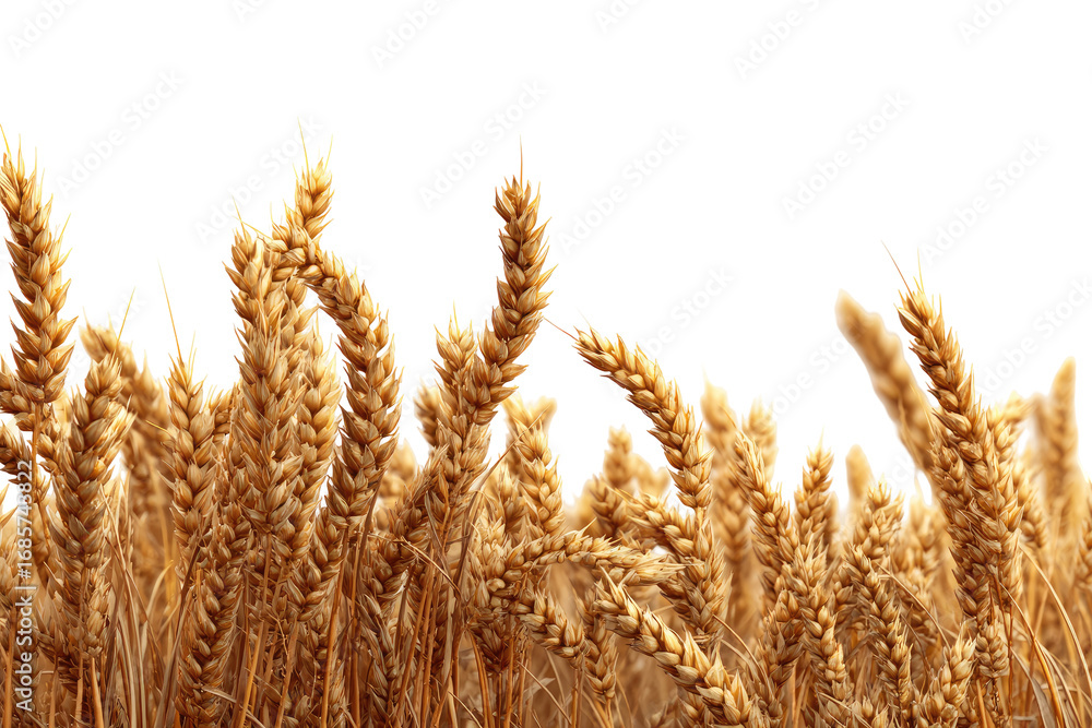Fototapeta premium Close-up of golden wheat stalks against a black background. The ears of wheat are dense, various shades of gold and brown, and arranged in a horizontal row
