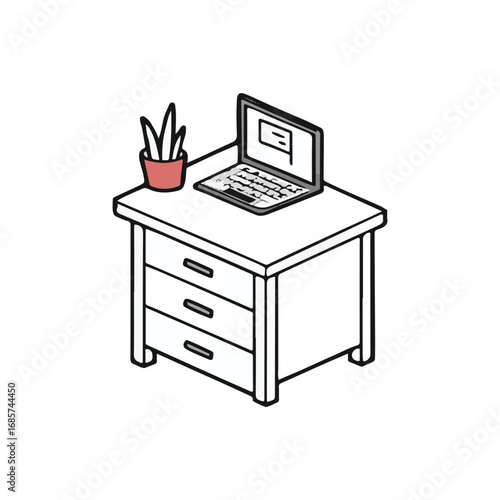 Vector illustration of a modern office kitchen with computer and chairs on a wood table, showing the interior design of a home business room with furniture