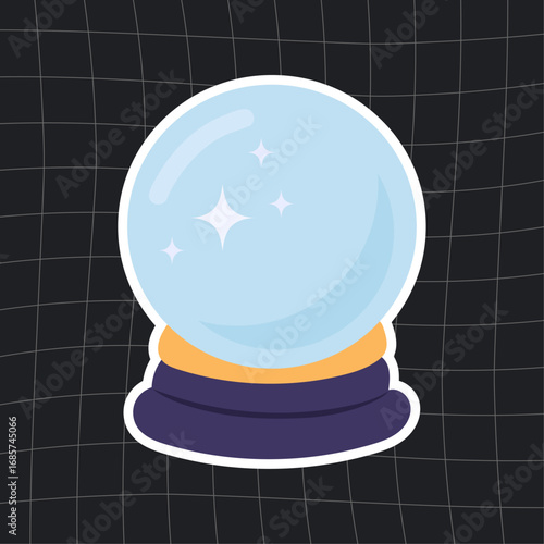Crystal ball sticker with sparkling stars inside a blue glass sphere on a dark background. Magical fortune telling vector design perfect for Halloween clipart, witchcraft symbols, mystical stickers.