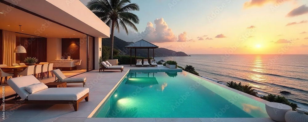 Fototapeta premium Luxurious holiday villa with private pool and stunning ocean views Perfect for a relaxing getaway or family vacation Enjoy breathtaking sunsets and outdoor living , vacation, swimming