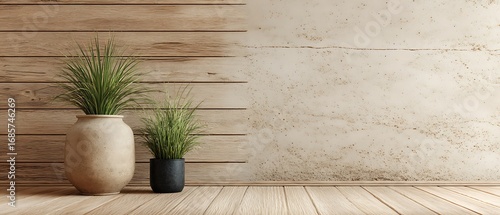 Elegant internal chamber with oak veneer and cream roughcast divider. Greenery pot placed beside the boundary.
