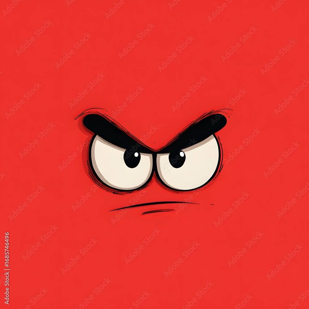 Fototapeta premium A cartoon face with an angry expression on a solid red background close up with furrowed brows and eyes