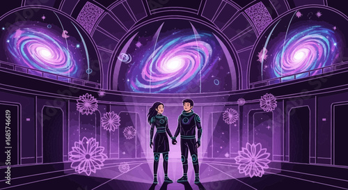 A futuristic couple gazing at celestial wonders in a galaxy-themed interior space station