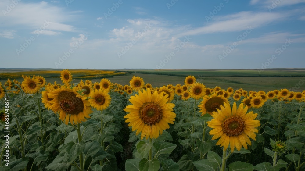 Fototapeta premium Sunflower field landscape scenic view under blue sky summer agriculture farming background nature