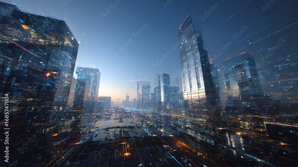 Obraz premium Night skyline view of a modern city illuminated by lights during twilight with futuristic aesthetics