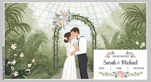 Elegant wedding invitation card design featuring a couple in a lush greenhouse setting full of