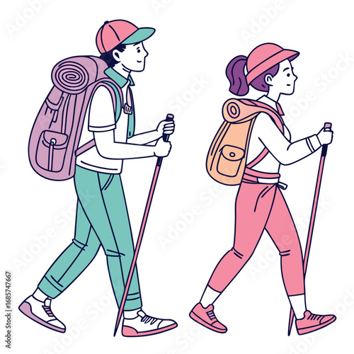 Couple hiking with backpacks and trekking poles woman