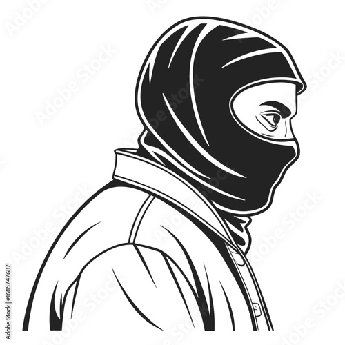 Man wearing a black balaclava and jacket in profile view