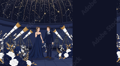 Illustration of a couple gazing at the stars in an observatory filled with telescopes and flowers