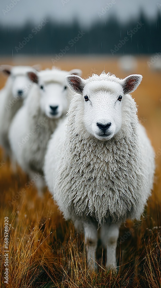 Fototapeta premium Flock of Sheep Standing in Grassy Field on a Rainy Day