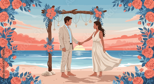Romantic beach wedding ceremony with floral arch at sunset illustration in vector style