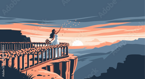 Elegant bride throwing flower petals at sunset on cliffside with scenic mountain view landscape