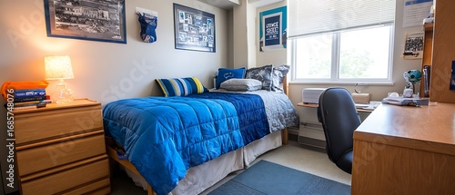 Colorful dorm room with typical furniture and blue comforter white sheet
