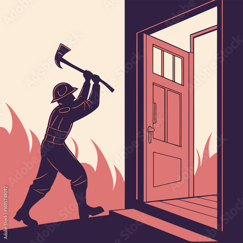 Firefighter Breaking Down Door with Axe vector illustration