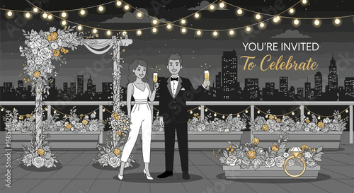 Elegant black and white wedding invitation design featuring a cityscape backdrop and celebratory