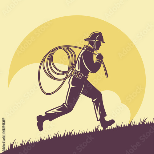 Firefighter Running with Hose vector illustration