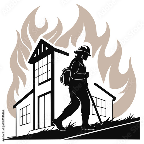 Firefighter Walking Past Burning House vector standing