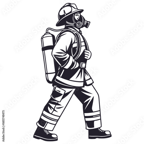 Firefighter Walking with Gas Mask and Oxygen Tank uniform