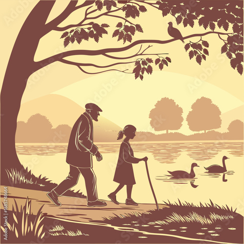 Grandfather and granddaughter walking by a lake with ducks Keywords: grandfather, granddaughter