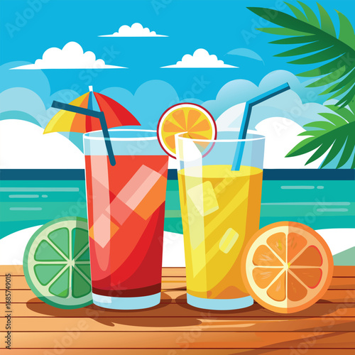 Refreshing summer cocktails with tropical beach and ocean background