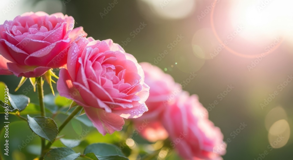Fototapeta premium Delicate Pink Roses in Soft Morning Sunlight Gentle Dewdrops Sparkle