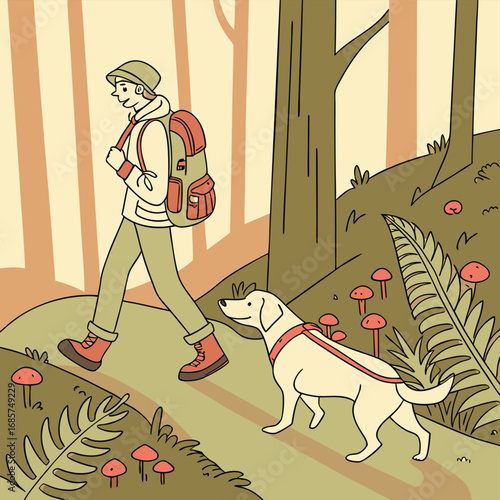 Hiker with dog walking on a forest path vector illustration