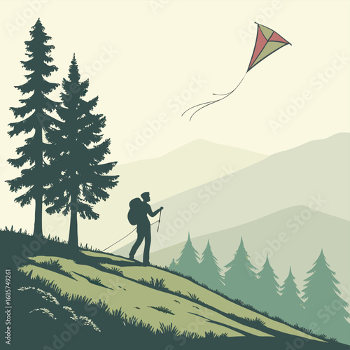 Hiker with kite in a mountainous landscape backpacker