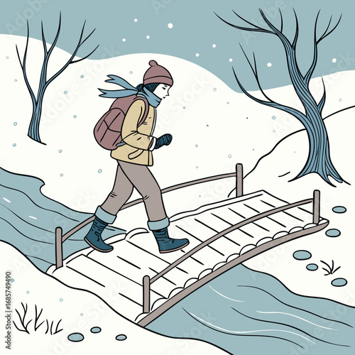 Person crossing snowy bridge in winter landscape vector