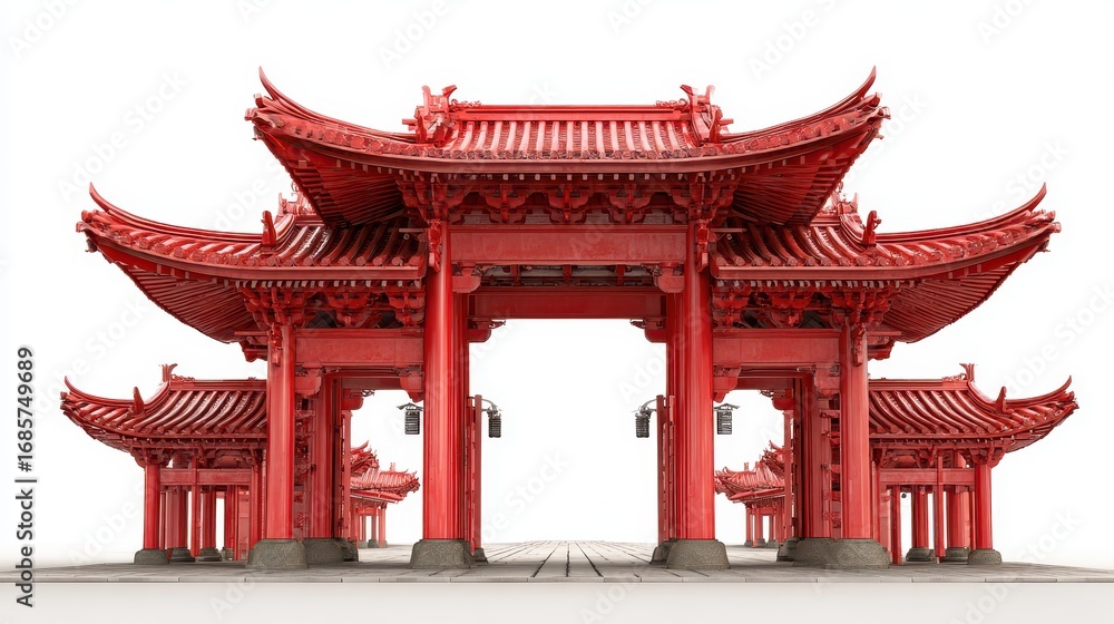 Fototapeta premium Traditional red pagodas stand in a serene arrangement showcasing classic architecture styles in a well-lit environment