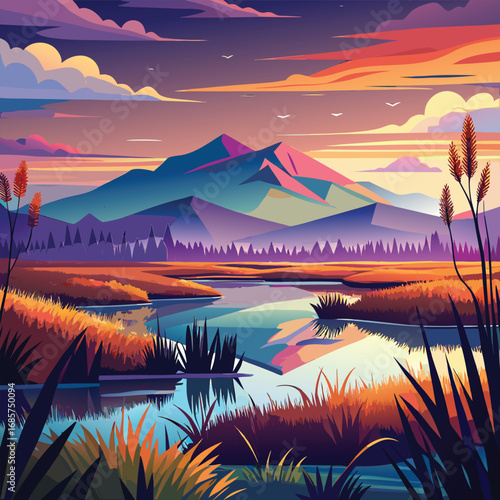 Vibrant Sunset Landscape with Mountains and Reflections