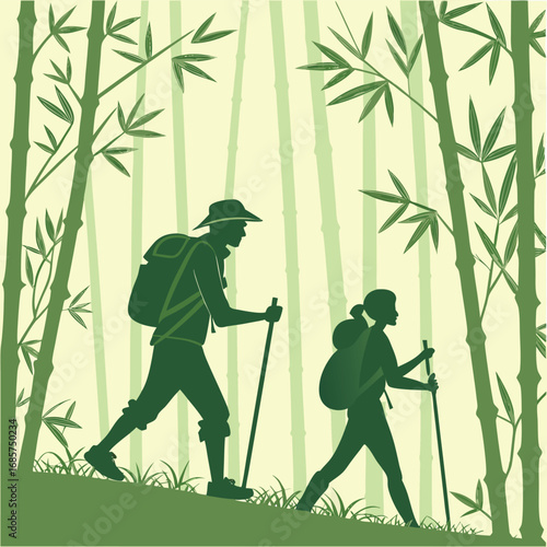 Silhouettes of hikers in a bamboo forest trekking hiking