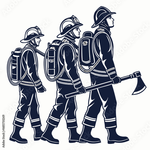 Three Firefighters Marching with Gear and Axe Silhouette