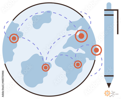 Globe with pinpoint locations, connecting lines symbolizing communication, and pen indicating creativity. Ideal for teamwork, logistics, connectivity, creativity, globalization, remote work