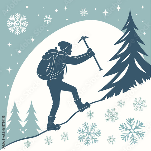 Winter Mountain Climber with Ice Axe Keywords: winter, mountain, climbing, climber, ice axe