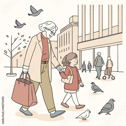Woman and child walk hand-in-hand in a city with pigeons