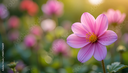 Close-up of a vibrant pink flower with delicate petals in focus, surrounded by a softly blurred garden backdrop and warm, glowing sunlight, conveying tranquility.