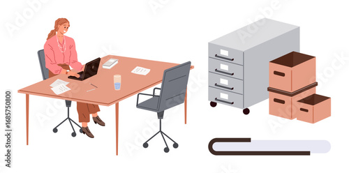 Professional working at desk on laptop, surrounded by file cabinet and cardboard boxes. Ideal for productivity, organization, storage, office life, filing systems, business workflow, corporate