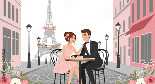 Romantic Couple in Paris Cartoon Illustration with Eiffel Tower View and Floral Decoration