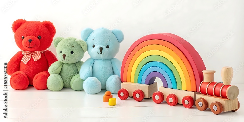 Obraz premium colorful teddy bears and wooden rainbow train toys