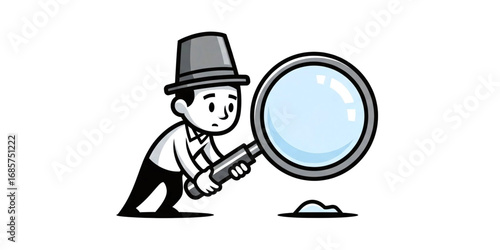 Monochrome cartoon detective character in a hat using a giant magnifying glass to inspect and investigate a clue on the ground.
