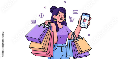 Happy woman holding many shopping bags and a smartphone for online purchasing representing consumerism e-commerce and retail sales.
