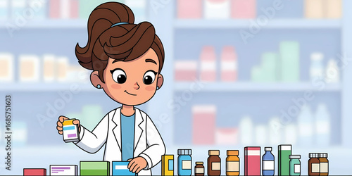 Friendly cartoon female pharmacist in a white lab coat working at a drugstore counter with various medicines and prescription bottles.
