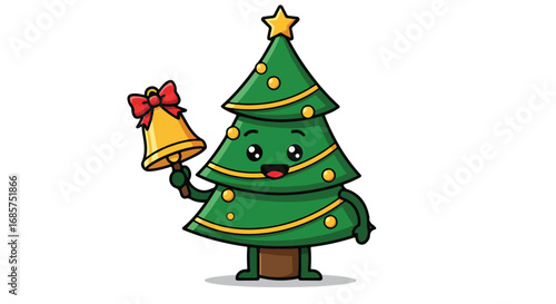 Cute cartoon christmas tree holding a bell