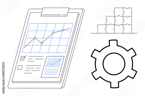 Clipboard with rising line graph, checklist, gear, and puzzle pieces. Ideal for business planning, data analysis, project management, teamwork, optimization strategy simple landing page
